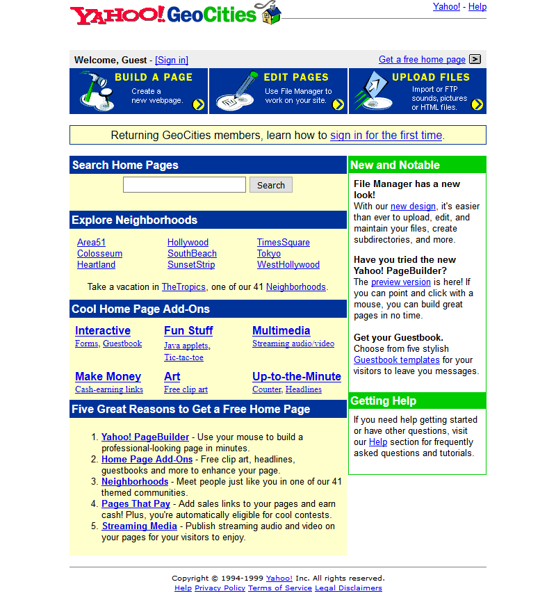 Yahoo! Geocities website in 1999