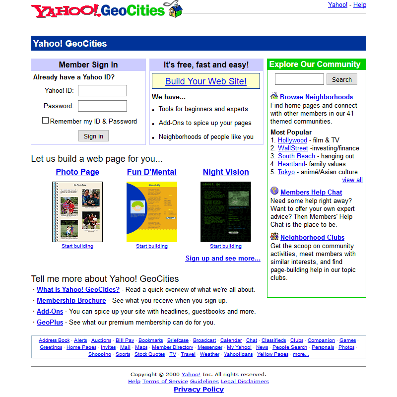 Yahoo! Geocities website in 2000