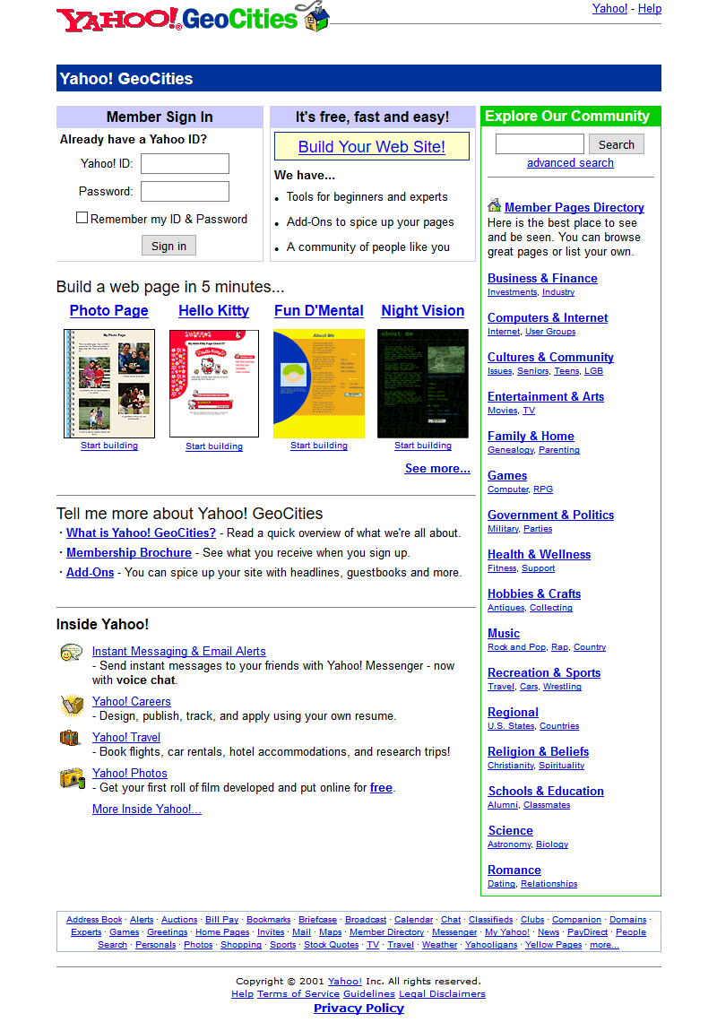 Yahoo! Geocities website in 2001