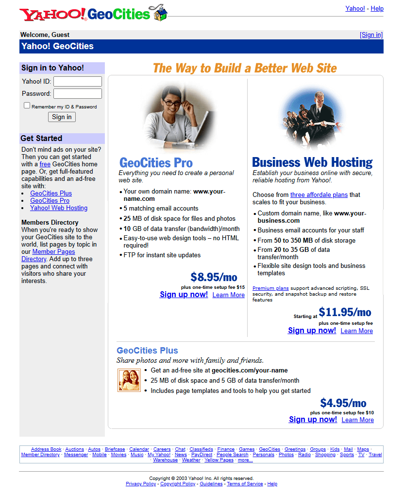 Yahoo! GeoCities website in 2003
