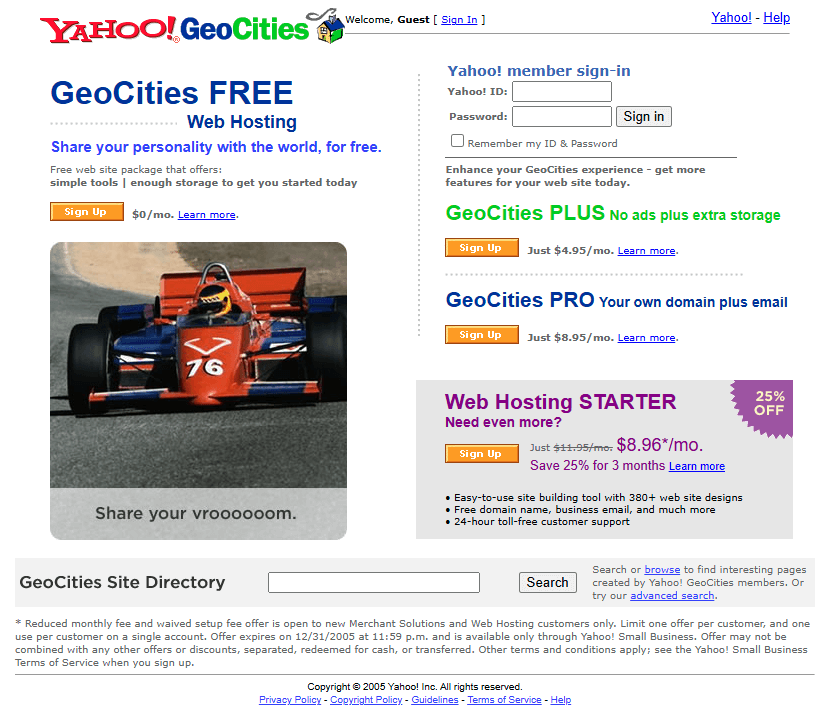 Yahoo! GeoCities website in 2005