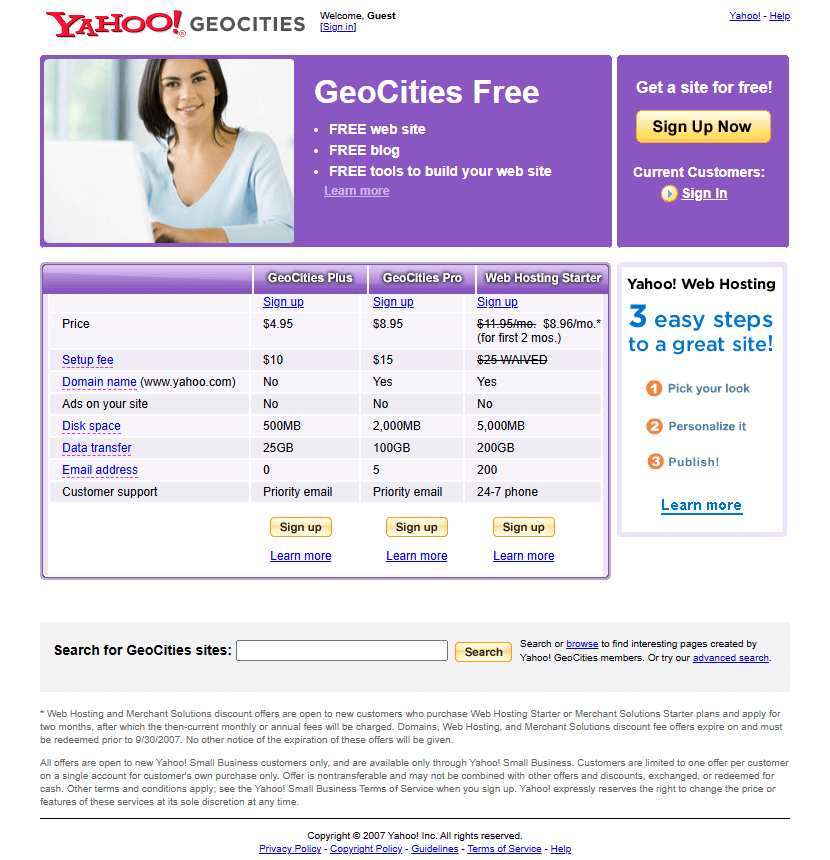 Yahoo! GeoCities website in 2007