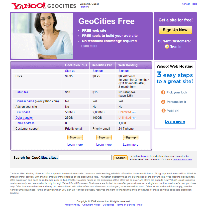 Yahoo! Geocities website in 2008