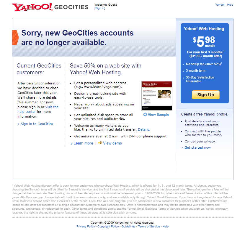 Yahoo! Geocities website in 2009