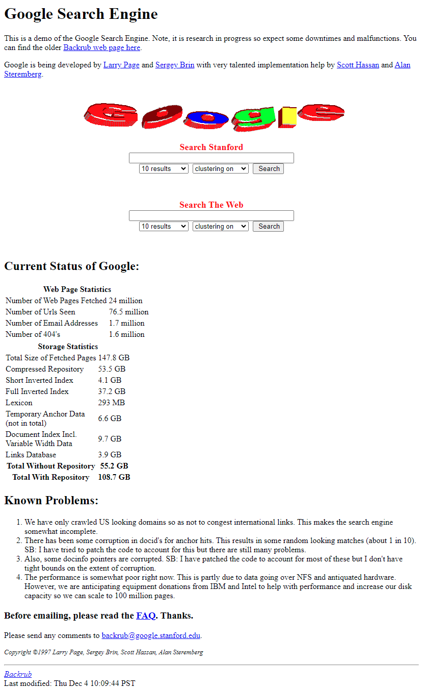 Google homepage in 1997