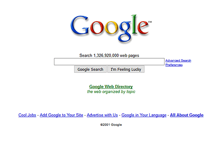 Google homepage in 2001