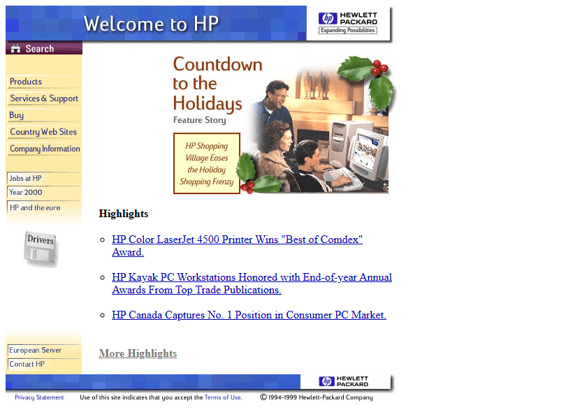 Hewlett Packard website in 1998