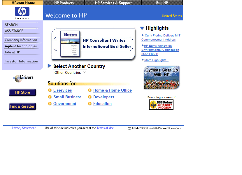 Hewlett Packard website in 2000