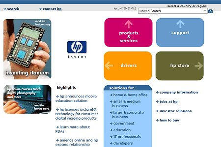Hewlett Packard website in 2001