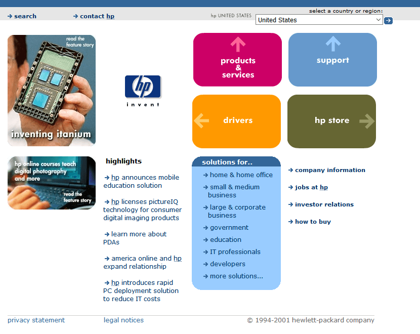 Hewlett Packard website in 2001