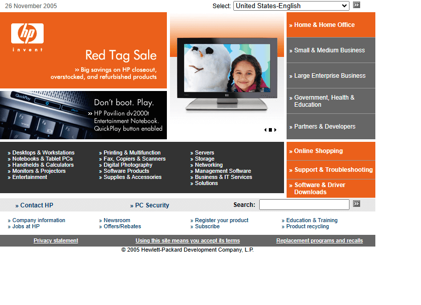 Hewlett Packard website in 2005