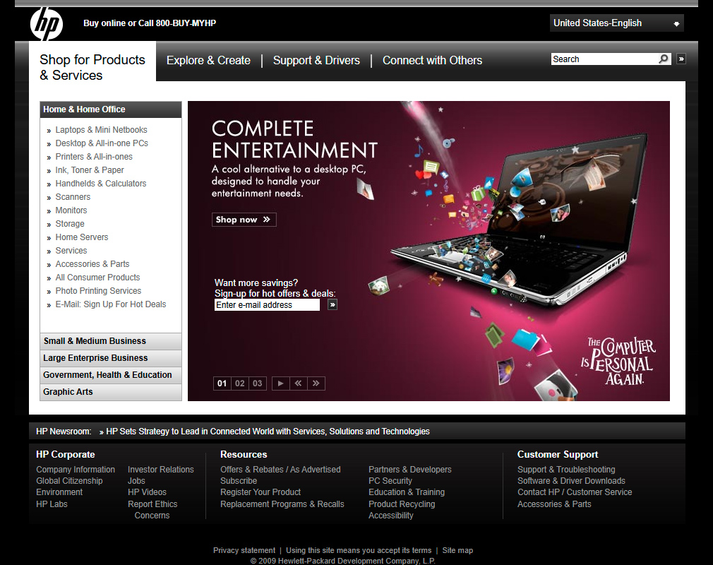 Hewlett Packard website in 2009