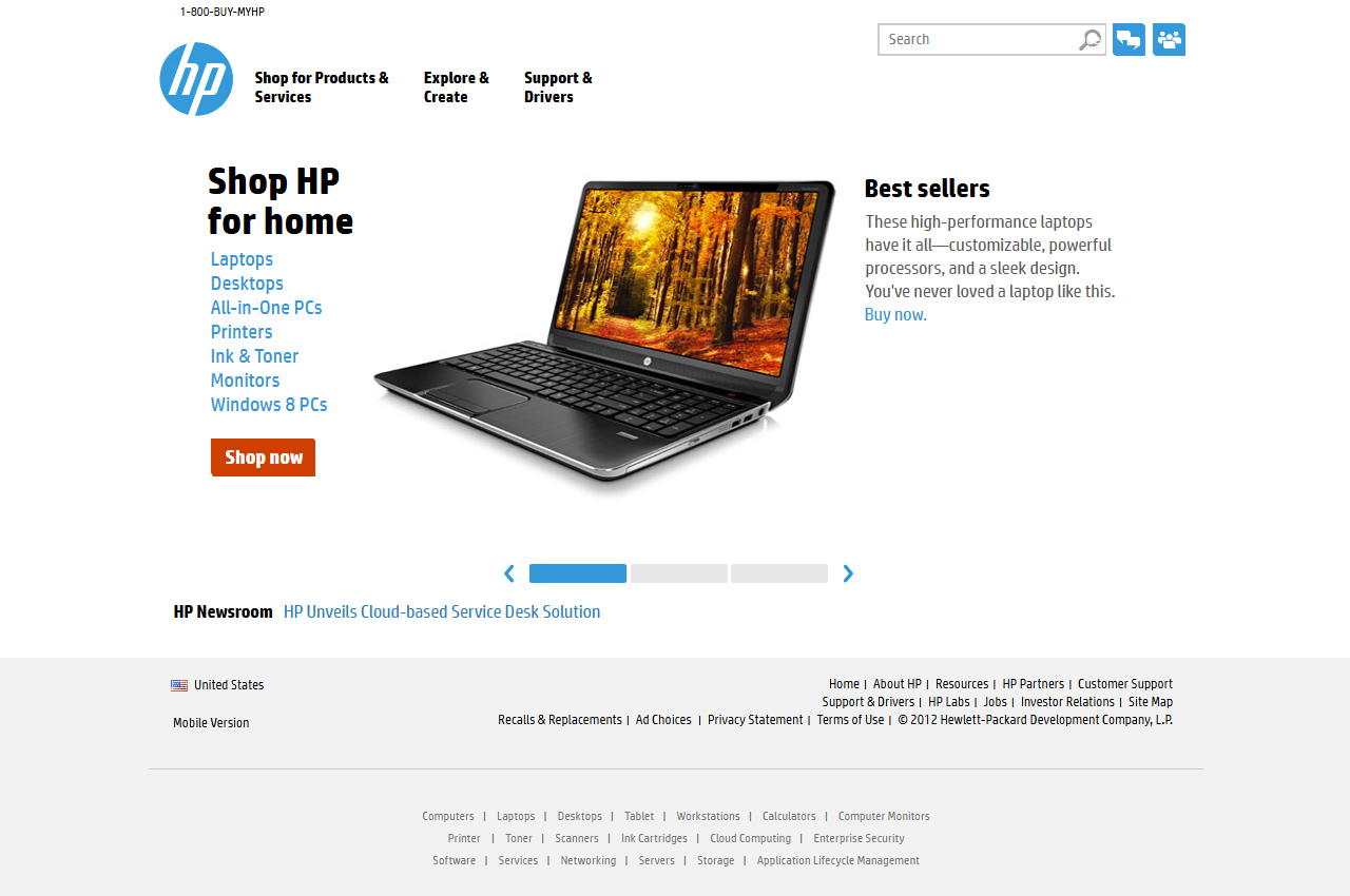 Hewlett Packard website in 2012