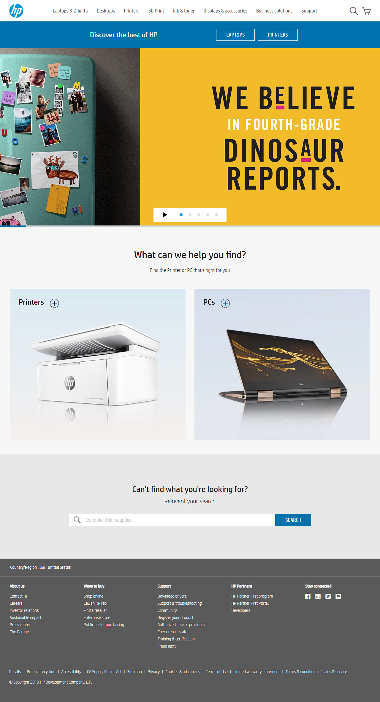 Hewlett Packard website in 2019