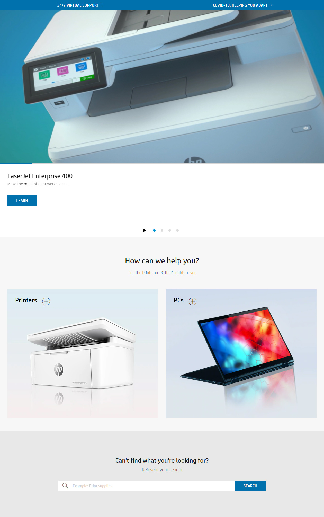 Hewlett Packard website in 2021