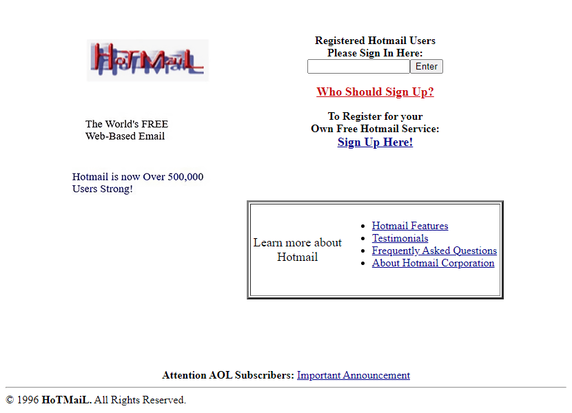 Hotmail website in 1996