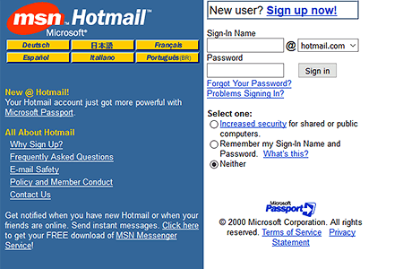 Hotmail website in 2000