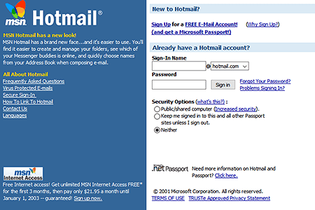 Hotmail website in 2001