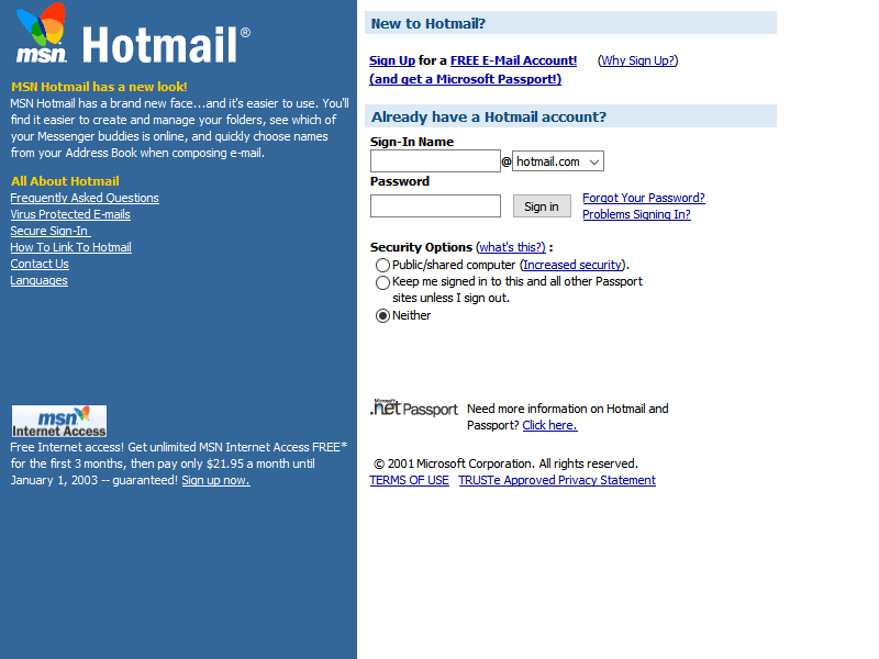 Hotmail In 2001 Timeline Web Design Museum