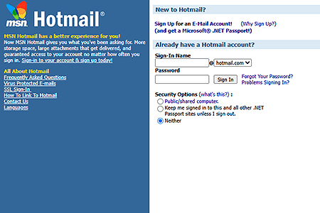 MSN Hotmail website in 2002