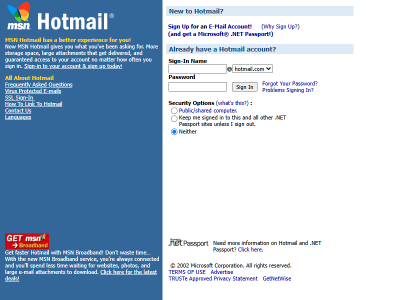 MSN Hotmail website in 2002