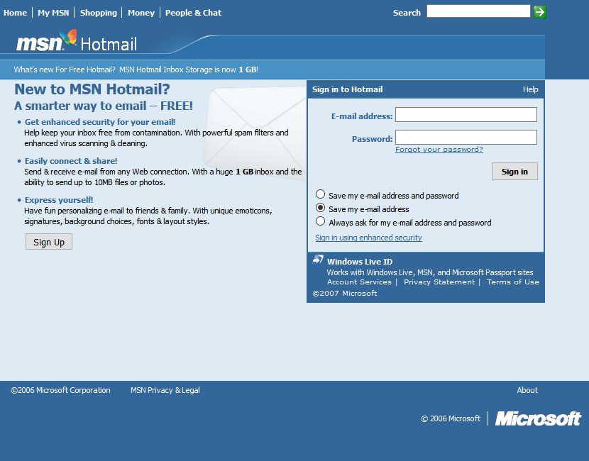 Hotmail website in 2006