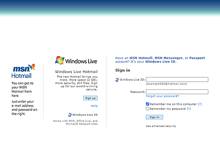 Windows Live Hotmail website in 2007