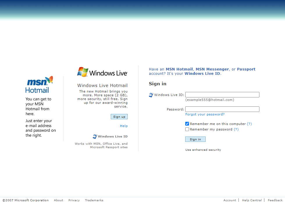 Windows Live Hotmail website in 2007