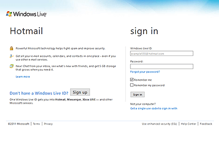 Hotmail website in 2011