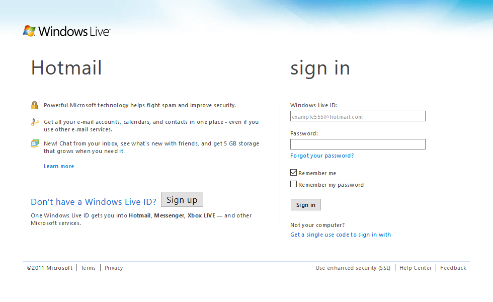 Hotmail website in 2011