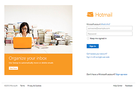 Hotmail website in 2012