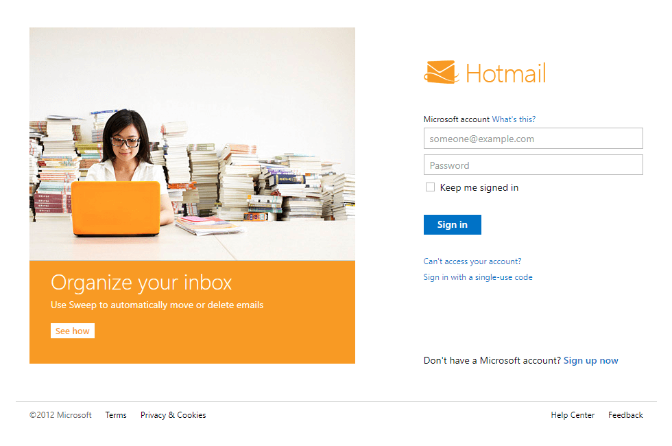 Hotmail website in 2012