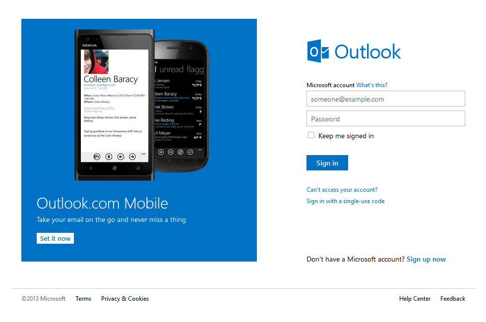 Hotmail website in 2013