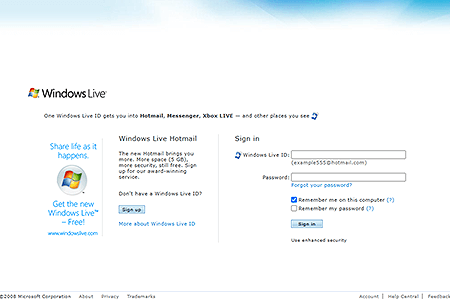 Windows Live Hotmail website in 2008