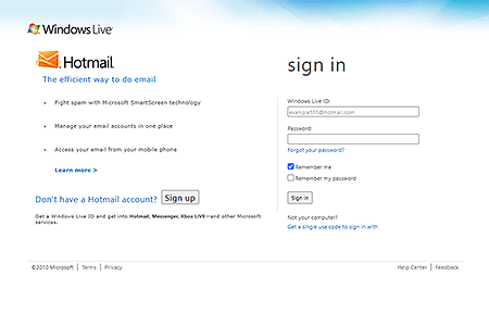 Windows Live Hotmail website in 2010