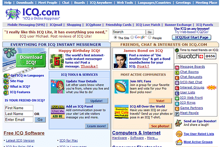 ICQ em 2002, site com vários blocos de informações
