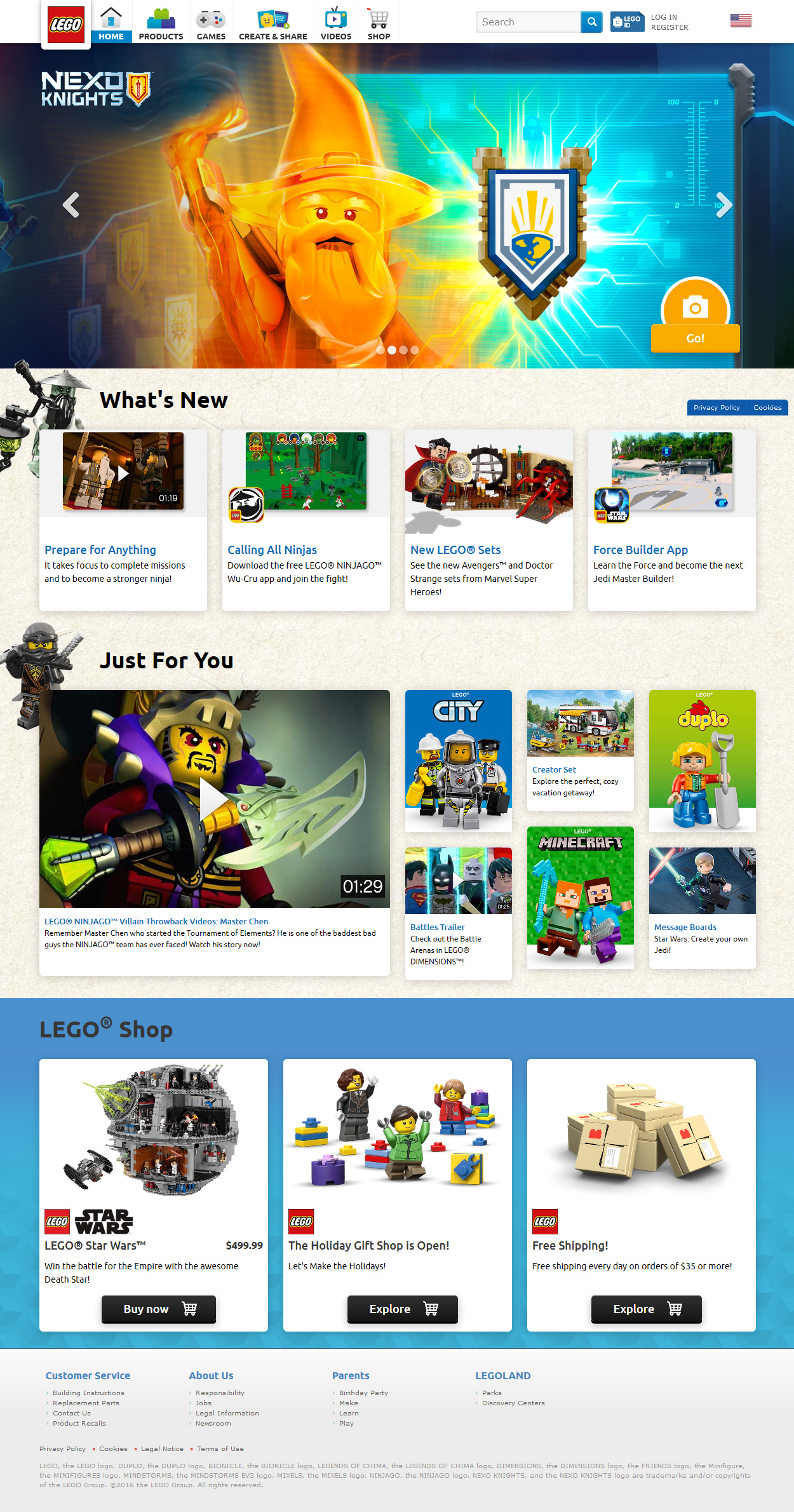 Lego website in 2016