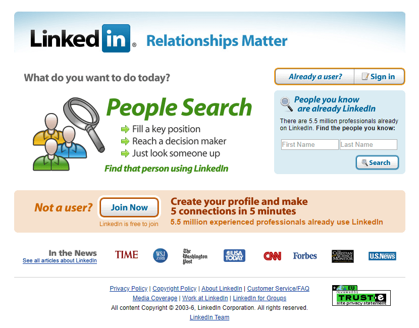 LinkedIn website in 2006