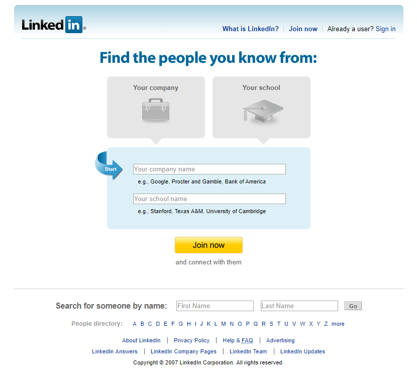 LinkedIn website in 2007