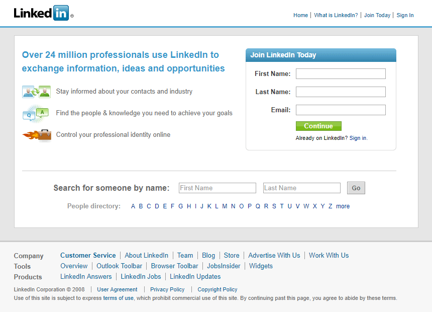LinkedIn website in 2008
