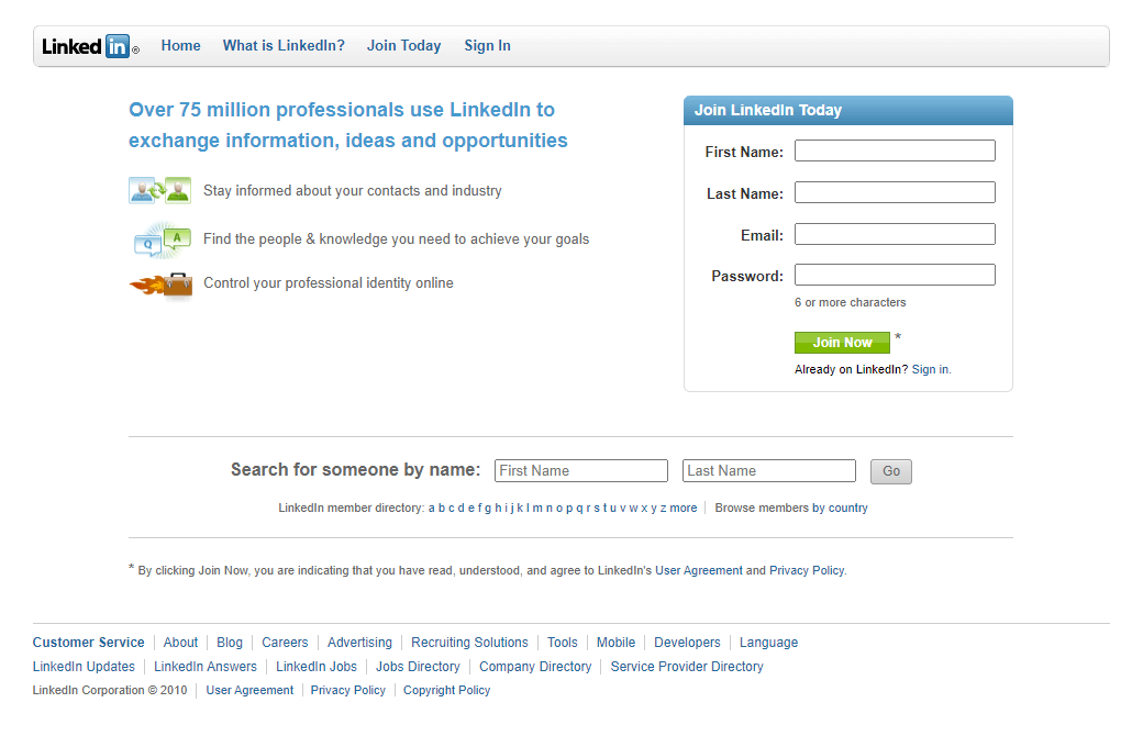 LinkedIn website in 2010