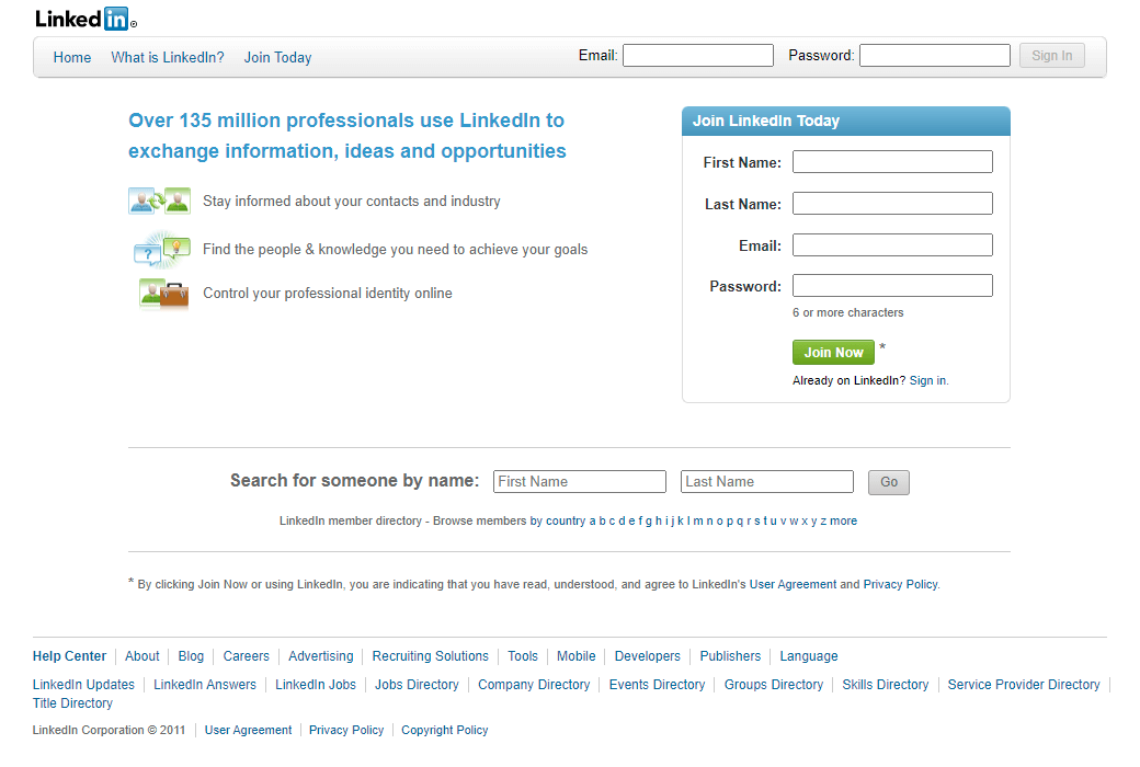 LinkedIn website in 2011