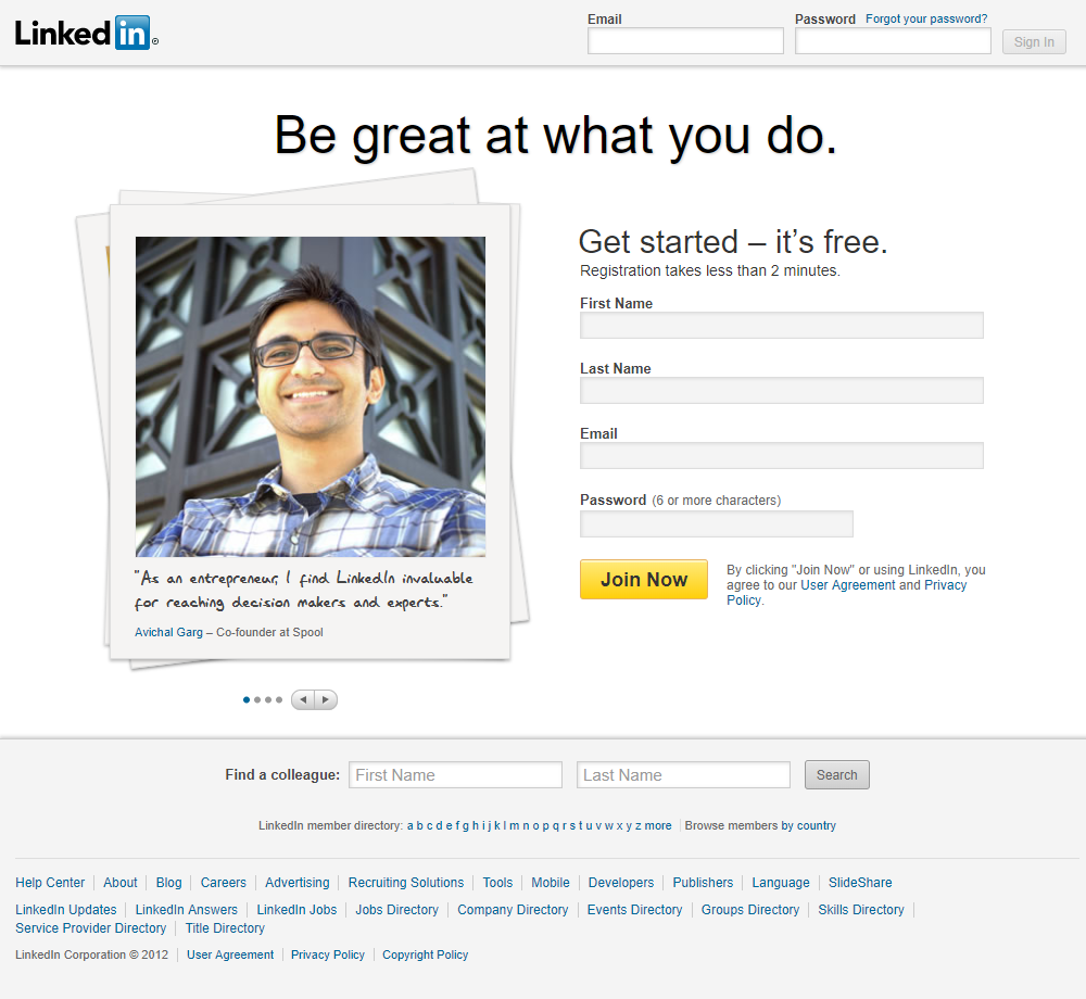 LinkedIn website in 2012