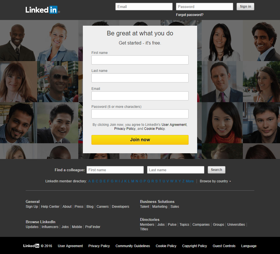 LinkedIn website in 2016