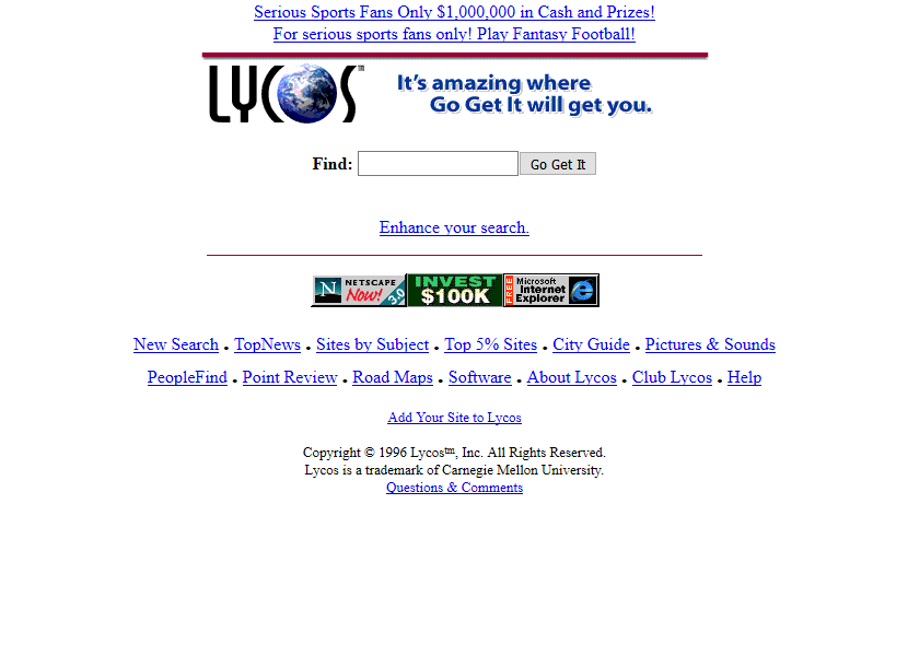 Lycos website in 1996