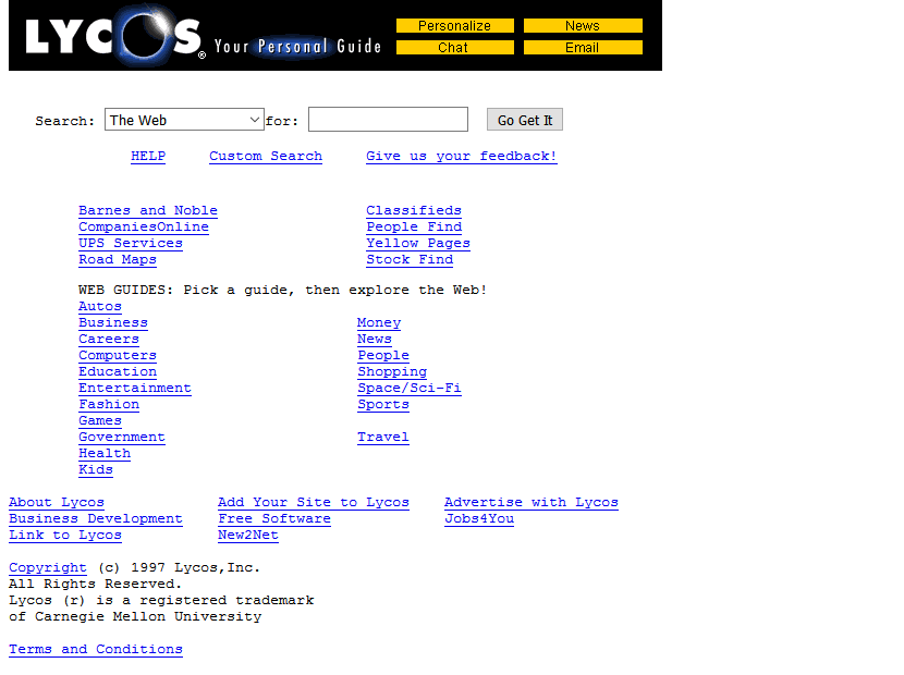 Lycos website in 1997