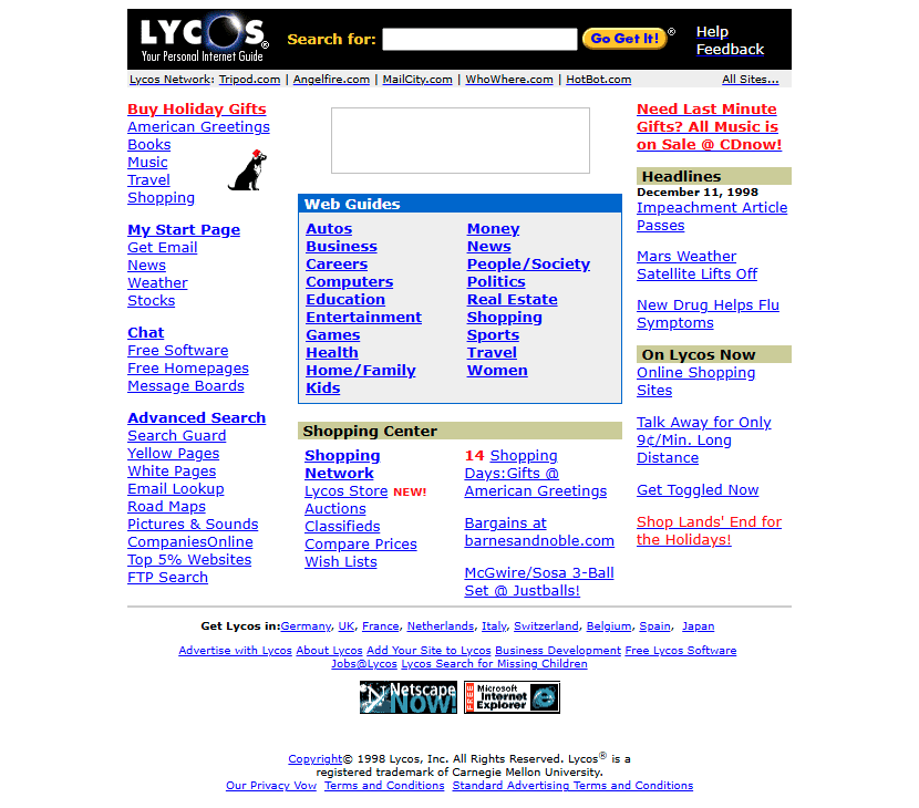 Lycos website in 1998