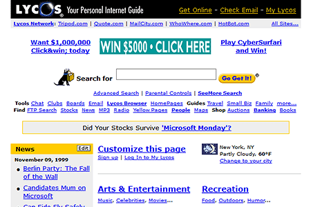 Lycos website in 1999