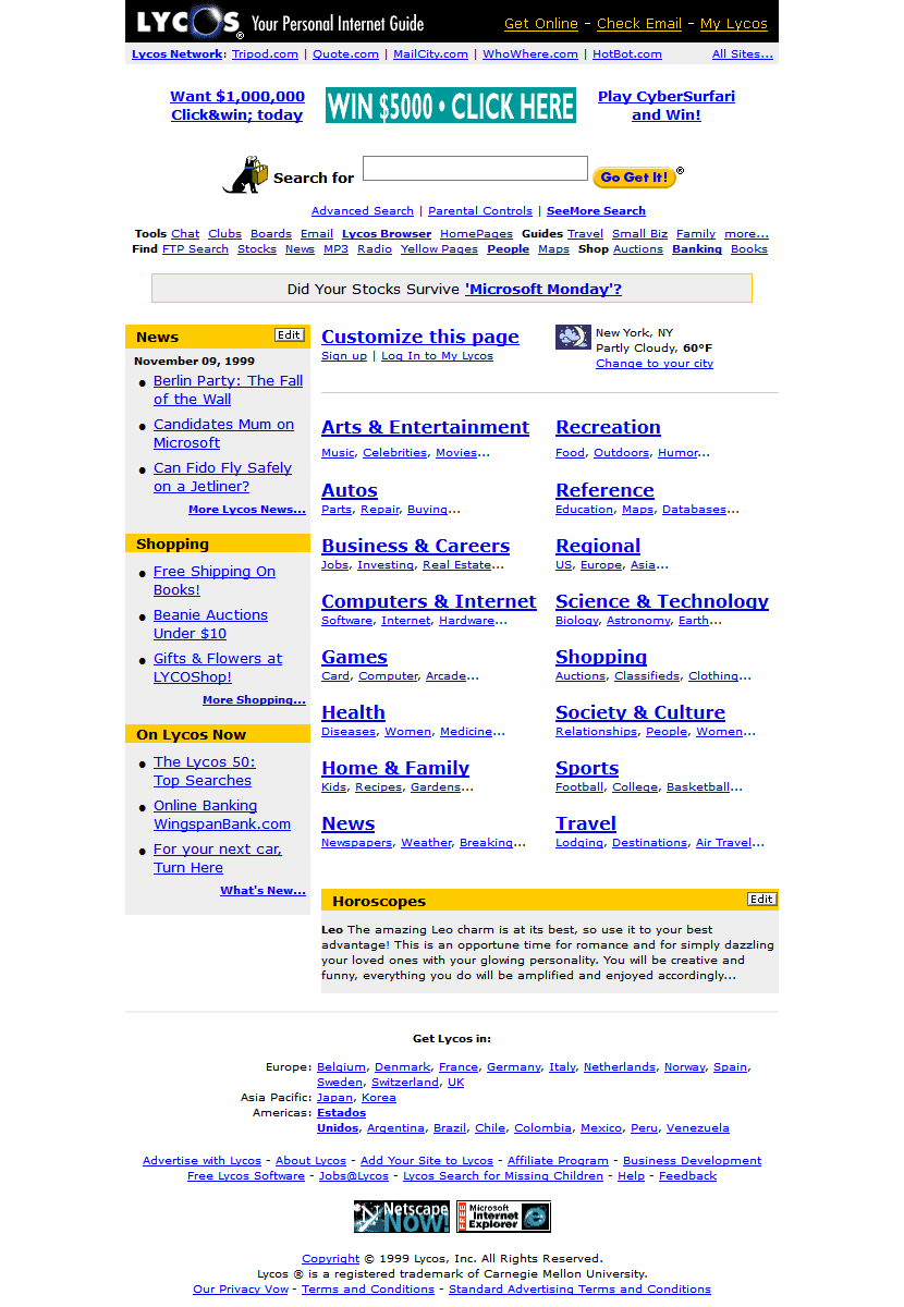 Lycos website in 1999