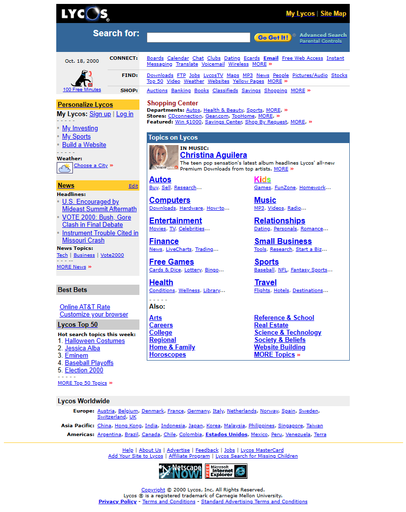 Lycos website in 2000